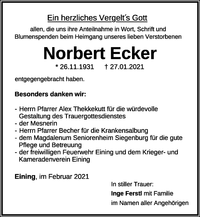 Traueranzeigen von Norbert Ecker Mittelbayerische Trauer