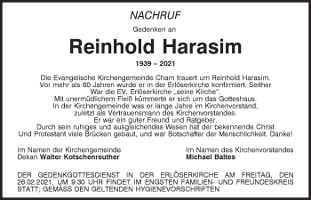 Traueranzeige von Reinhold Harasim von Bayerwald Echo