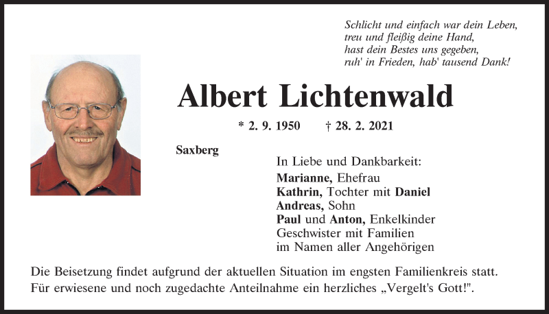  Traueranzeige für Albert Lichtenwald vom 03.03.2021 aus Mittelbayerische Zeitung Regensburg