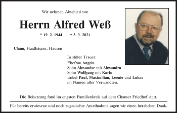 Traueranzeige von Alfred Weß von Bayerwald Echo