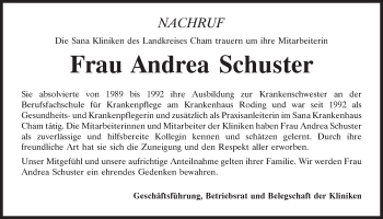 Traueranzeige von Andrea Schuster von Bayerwald Echo