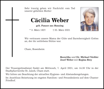 Traueranzeige von Cäcilia Weber von Bayerwald Echo