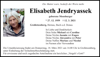 Traueranzeige von Elisabeth Jendryassek von Mittelbayerische Zeitung Regensburg