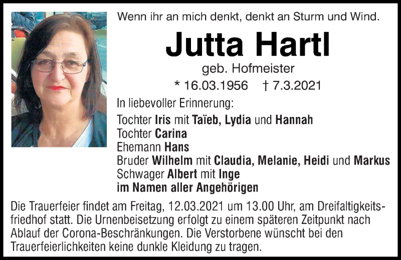  Traueranzeige für Jutta Hartl vom 10.03.2021 aus Mittelbayerische Zeitung Regensburg