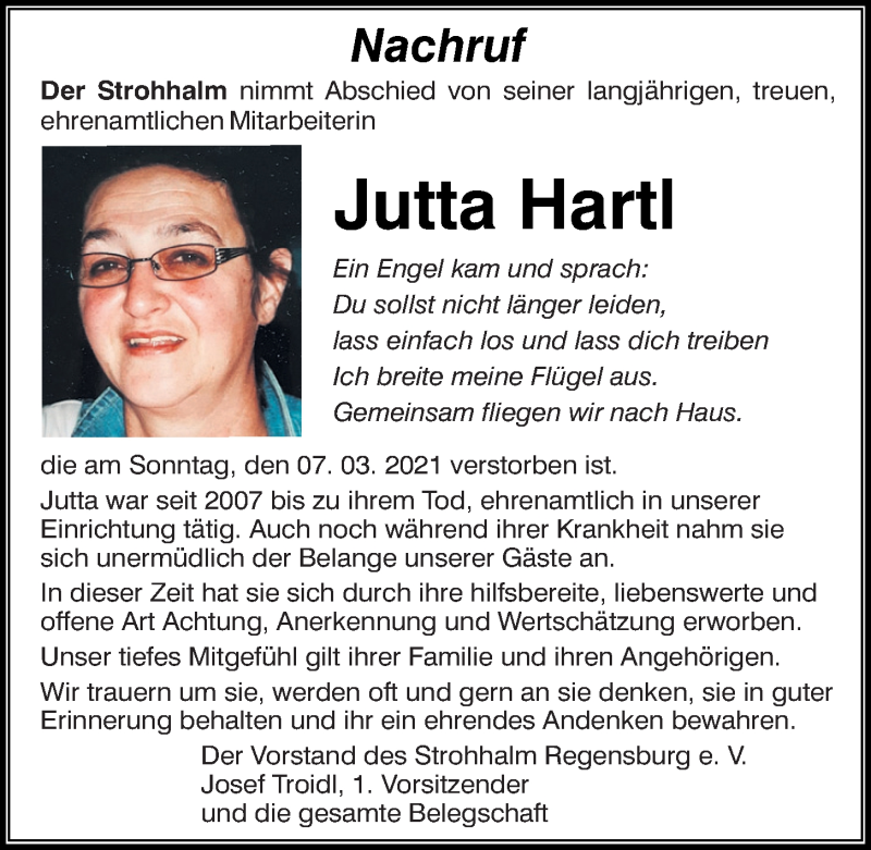  Traueranzeige für Jutta Hartl vom 20.03.2021 aus Mittelbayerische Zeitung Regensburg