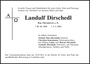 Traueranzeige von Landulf Dirschedl von Mittelbayerische Zeitung Schwandorf