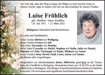 Traueranzeige von Luise Fröhlich von Neumarkter Tagblatt