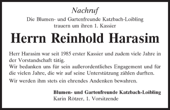 Traueranzeige von Reinhold Harasim von Bayerwald Echo