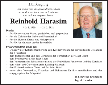 Traueranzeige von Reinhold Harasim von Bayerwald Echo