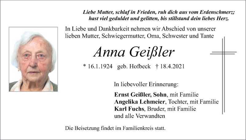 Traueranzeigen von Anna Geißler | Mittelbayerische Trauer