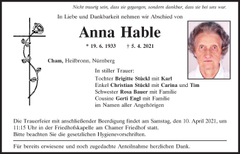 Traueranzeige von Anna Hable von Bayerwald Echo