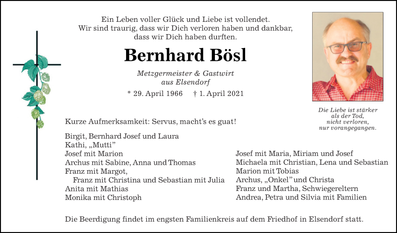  Traueranzeige für Bernhard Bösl vom 10.04.2021 aus Mittelbayerische Zeitung Kelheim