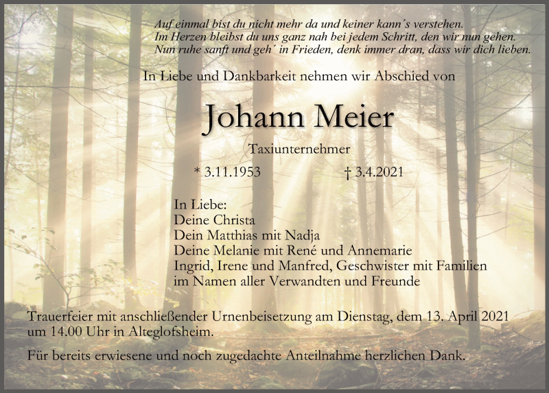  Traueranzeige für Johann Meier vom 10.04.2021 aus Mittelbayerische Zeitung Regensburg