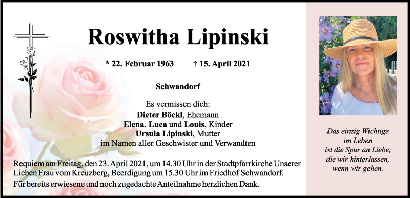  Traueranzeige für Roswitha Lipinski vom 21.04.2021 aus Mittelbayerische Zeitung Schwandorf