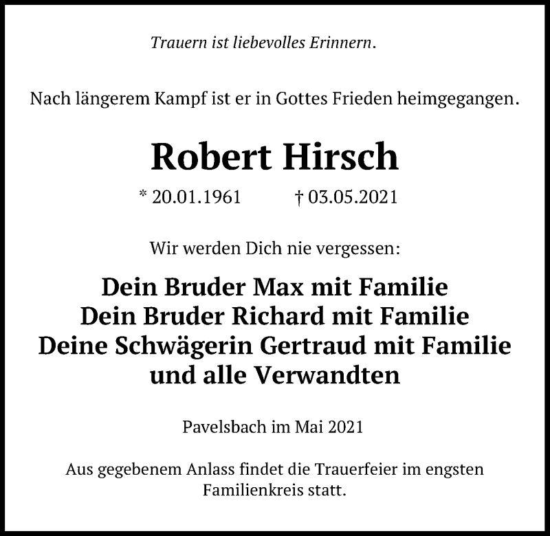  Traueranzeige für Robert Hirsch vom 05.05.2021 aus Neumarkter Tagblatt