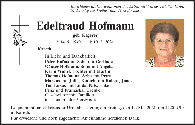  Traueranzeige für Edeltraud Hofmann vom 12.05.2021 aus Mittelbayerische Zeitung Regensburg