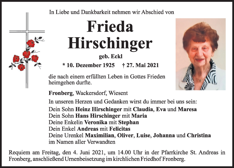 Traueranzeigen von Frieda Hirschinger | Mittelbayerische Trauer