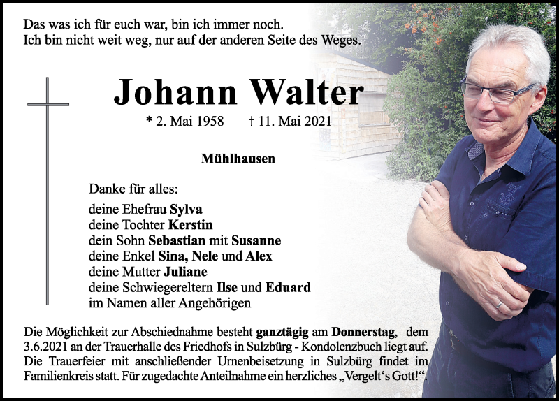  Traueranzeige für Johann Walter vom 01.06.2021 aus Neumarkter Tagblatt