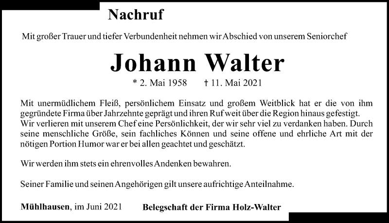  Traueranzeige für Johann Walter vom 05.06.2021 aus Neumarkter Tagblatt