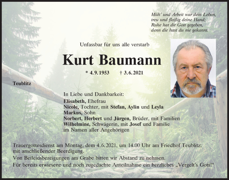  Traueranzeige für Kurt Baumann vom 05.06.2021 aus Mittelbayerische Zeitung Schwandorf