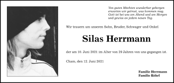 Traueranzeige von Silas Herrmann von Bayerwald Echo