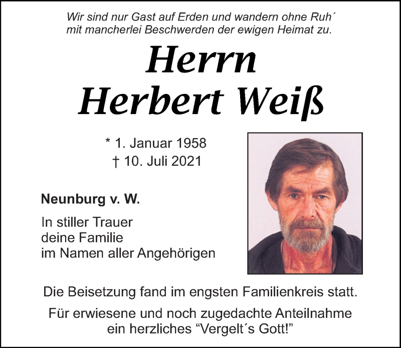  Traueranzeige für Herbert Weiß vom 20.07.2021 aus Mittelbayerische Zeitung Schwandorf