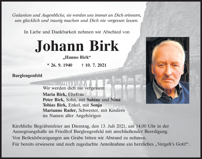  Traueranzeige für Johann Birk vom 12.07.2021 aus Mittelbayerische Zeitung Schwandorf