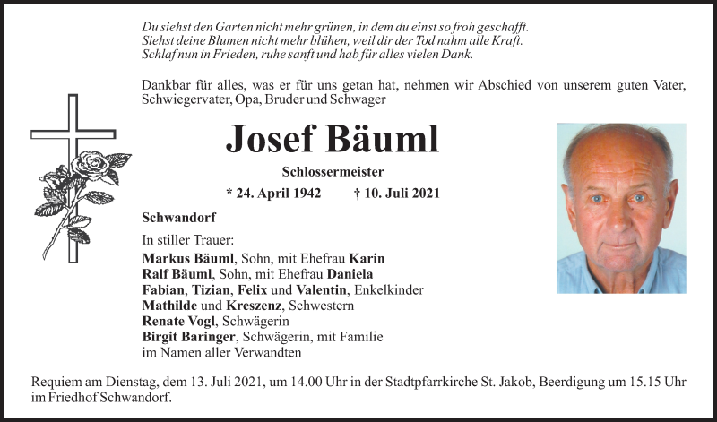  Traueranzeige für Josef Bäuml vom 12.07.2021 aus Mittelbayerische Zeitung Schwandorf