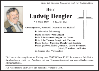Traueranzeigen von Ludwig Dengler | Mittelbayerische Trauer