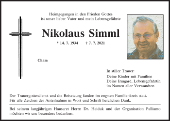 Traueranzeige von Nikolaus Simml von Bayerwald Echo