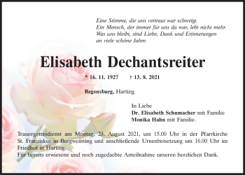 Traueranzeige von Elisabeth Dechantsreiter von Mittelbayerische Zeitung Regensburg