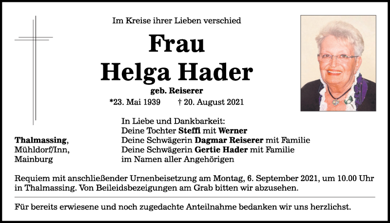  Traueranzeige für Helga Hader vom 01.09.2021 aus Mittelbayerische Zeitung Regensburg