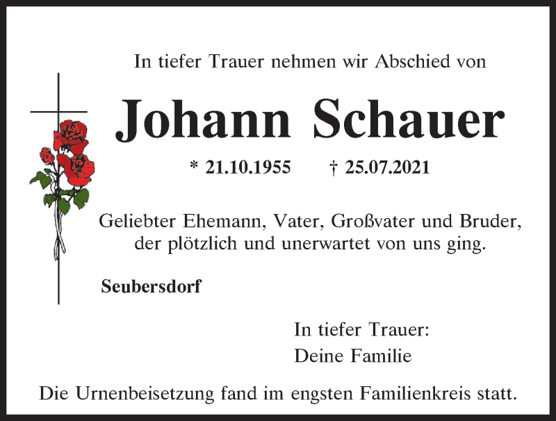  Traueranzeige für Johann Schauer vom 11.08.2021 aus Neumarkter Tagblatt