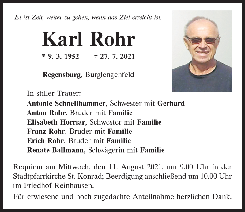  Traueranzeige für Karl Rohr vom 07.08.2021 aus Mittelbayerische Zeitung Regensburg