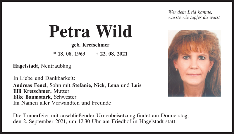  Traueranzeige für Petra Wild vom 28.08.2021 aus Mittelbayerische Zeitung Regensburg