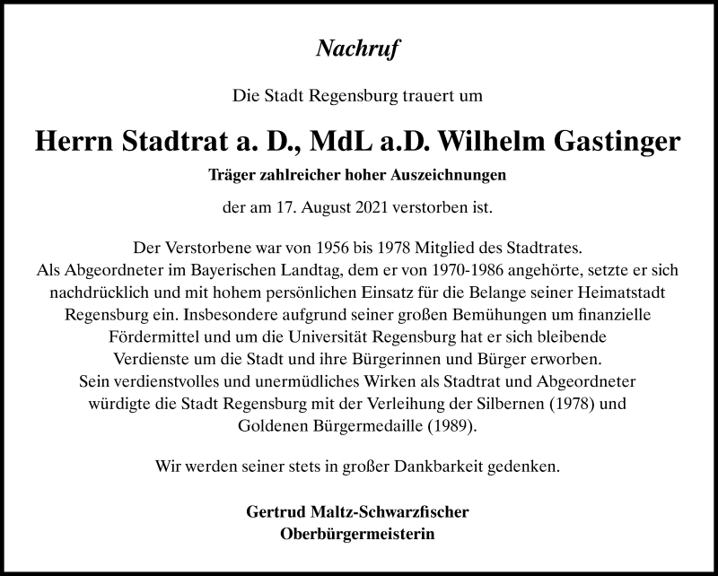  Traueranzeige für Wilhelm Gastinger vom 28.08.2021 aus Mittelbayerische Zeitung Regensburg