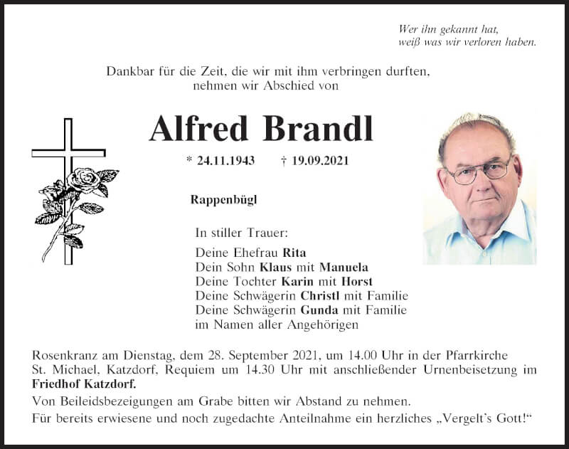  Traueranzeige für Alfred Brandl vom 25.09.2021 aus Mittelbayerische Zeitung Schwandorf