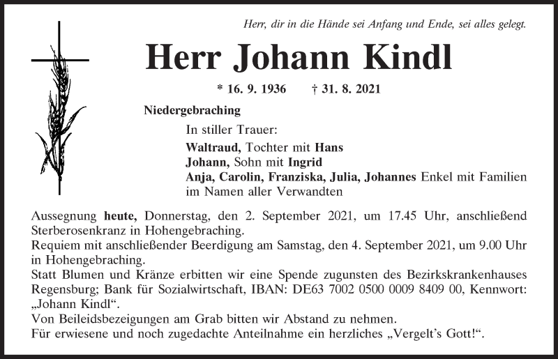  Traueranzeige für Johann Kindl vom 02.09.2021 aus Mittelbayerische Zeitung Regensburg