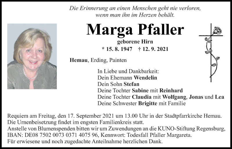  Traueranzeige für Marga Pfaller vom 16.09.2021 aus Mittelbayerische Zeitung Regensburg