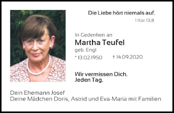 Traueranzeige von Martha Teufel von Mittelbayerische Zeitung Regensburg