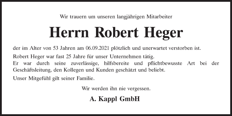  Traueranzeige für Robert Heger vom 11.09.2021 aus Mittelbayerische Zeitung Regensburg