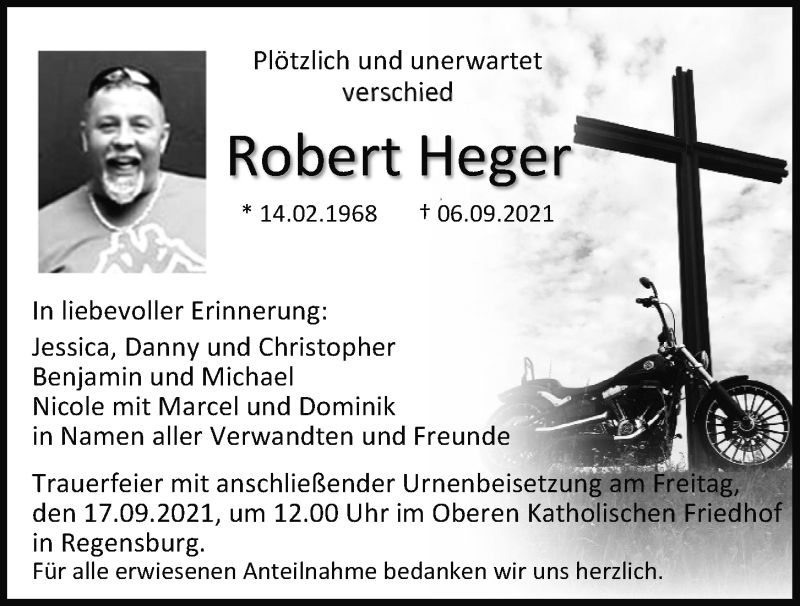  Traueranzeige für Robert Heger vom 11.09.2021 aus Mittelbayerische Zeitung Regensburg