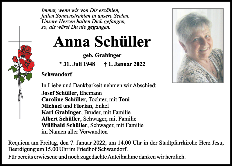  Traueranzeige für Anna Schüller vom 05.01.2022 aus Mittelbayerische Zeitung Schwandorf