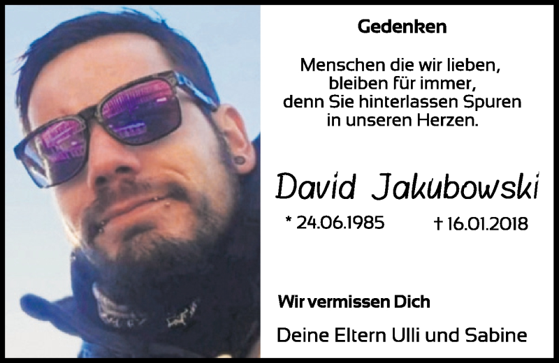  Traueranzeige für David Jakubowski vom 15.01.2022 aus Mittelbayerische Zeitung Kelheim