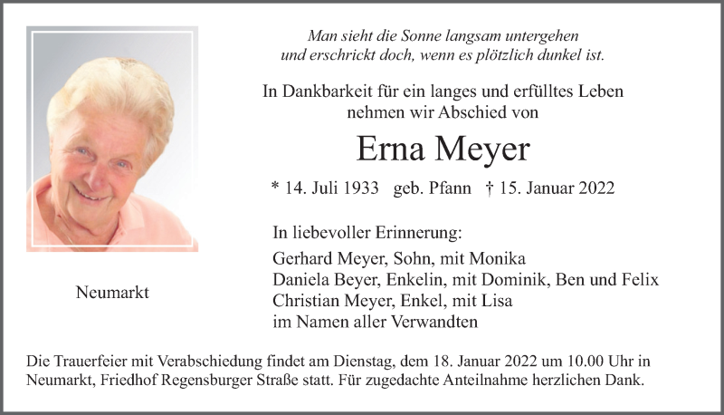 Traueranzeigen von Erna Meyer | Mittelbayerische Trauer