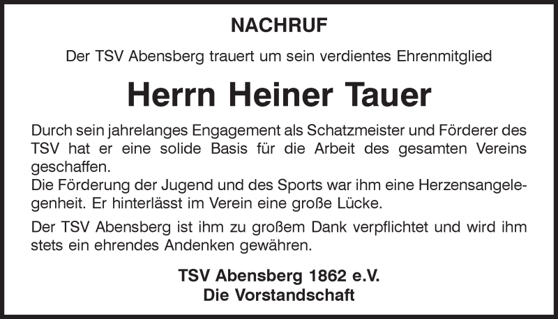  Traueranzeige für Heiner Tauer vom 19.01.2022 aus Mittelbayerische Zeitung Kelheim