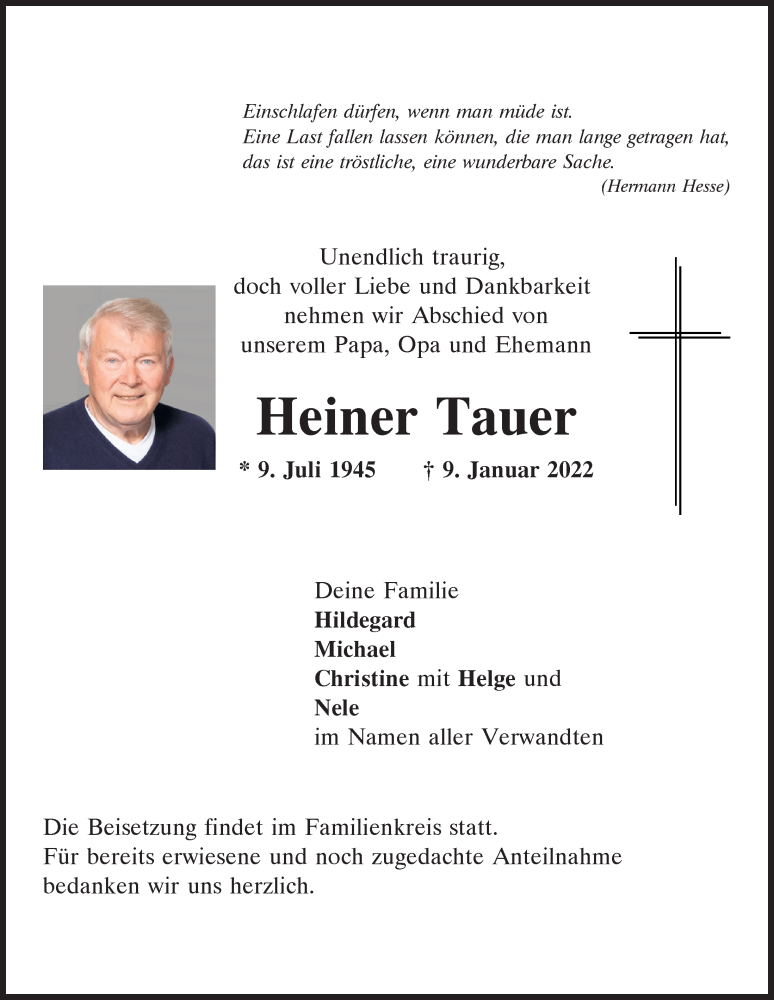  Traueranzeige für Heiner Tauer vom 15.01.2022 aus Mittelbayerische Zeitung Kelheim