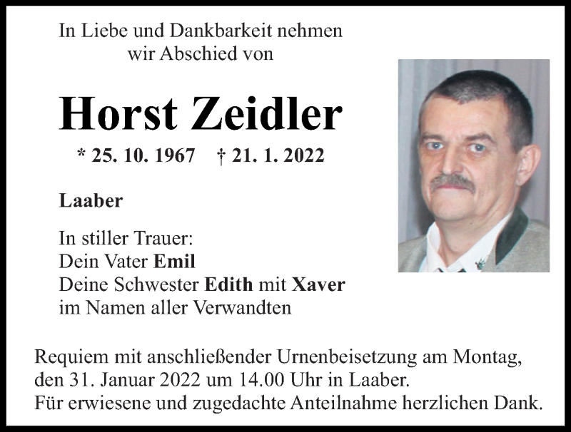  Traueranzeige für Horst Zeidler vom 26.01.2022 aus Mittelbayerische Zeitung Regensburg