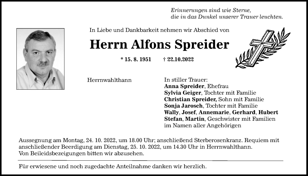  Traueranzeige für Alfons Spreider vom 22.10.2022 aus Mittelbayerische Zeitung Kelheim