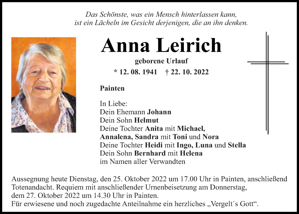  Traueranzeige für Anna Leirich vom 25.10.2022 aus Mittelbayerische Zeitung Kelheim